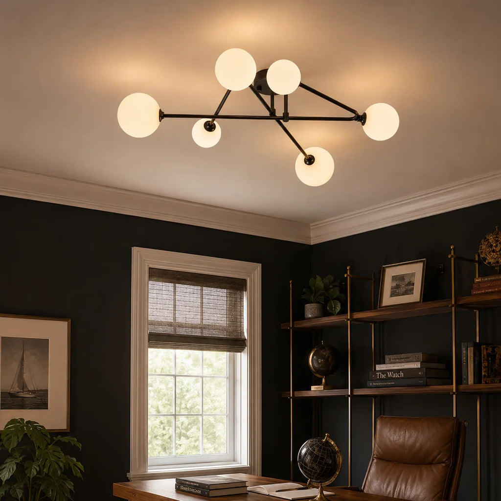 Greta Mid-Century 6-Light Frosted Glass Sputnik Semi-Flush Ceiling Light