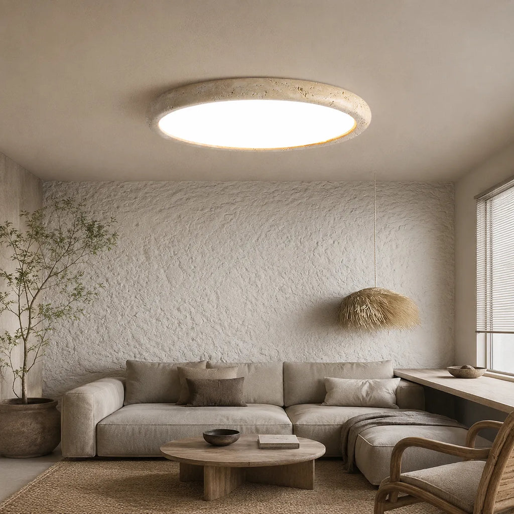 Talon Minimalist Travertine Round Flush Mount Ceiling Light