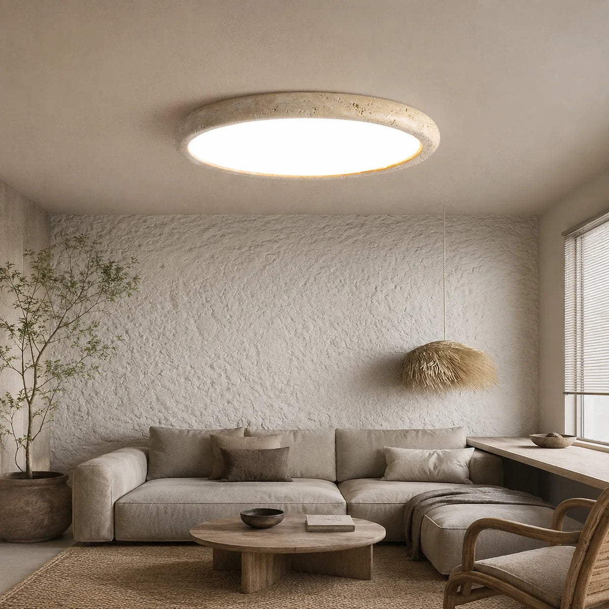 Talon Minimalist Travertine Round Flush Mount Ceiling Light