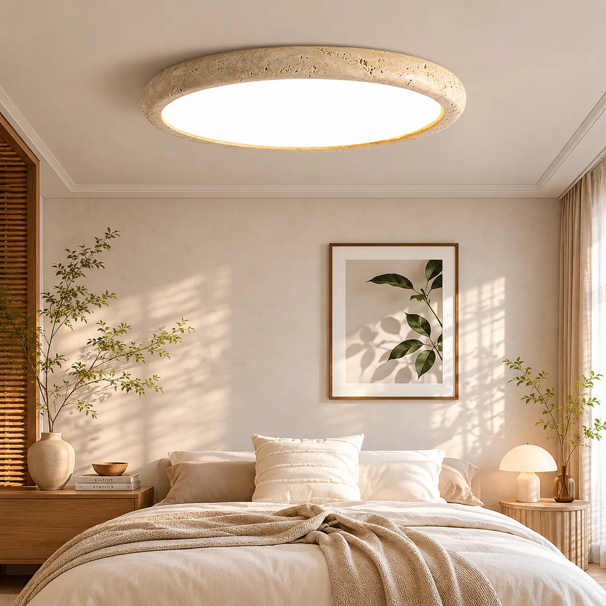 Talon Minimalist Travertine Round Flush Mount Ceiling Light