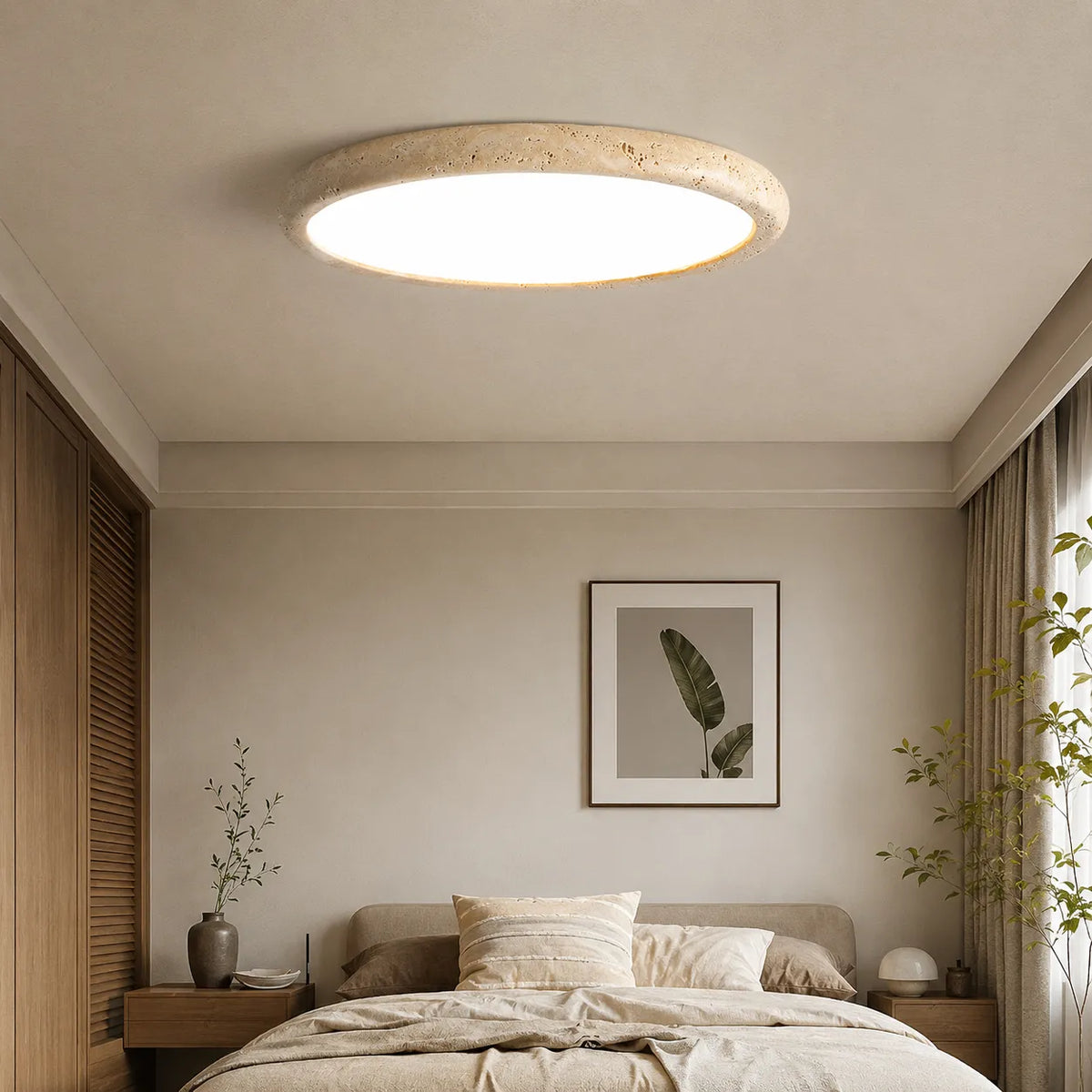Talon Minimalist Travertine Round Flush Mount Ceiling Light