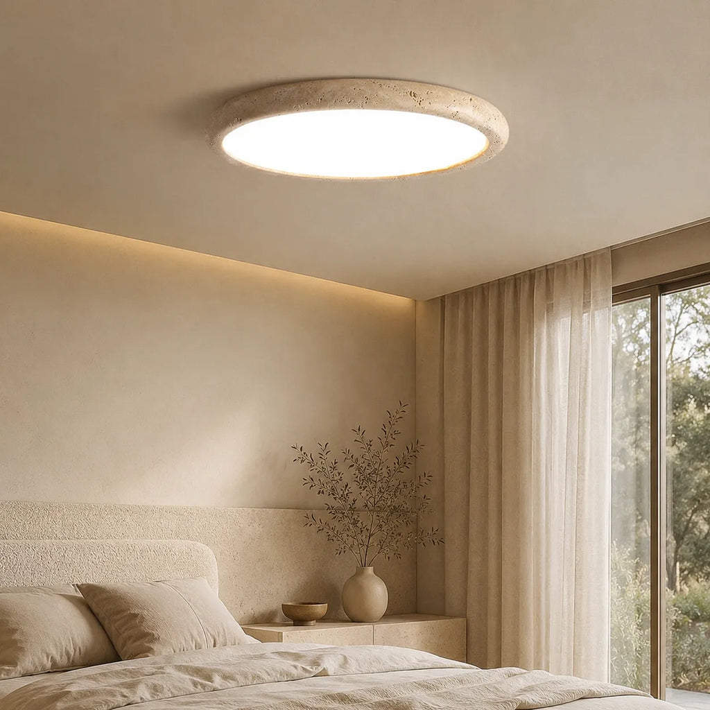 Talon Minimalist Travertine Round Flush Mount Ceiling Light