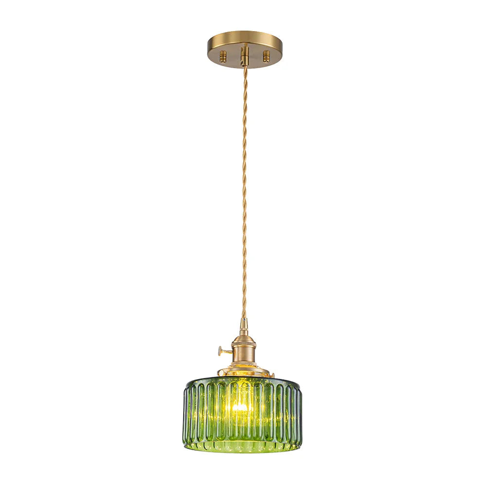 Minimalist Vintage Glass Drum Pendant with Striped Pattern Design