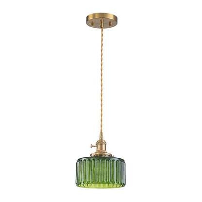 Minimalist Vintage Glass Drum Pendant with Striped Pattern Design