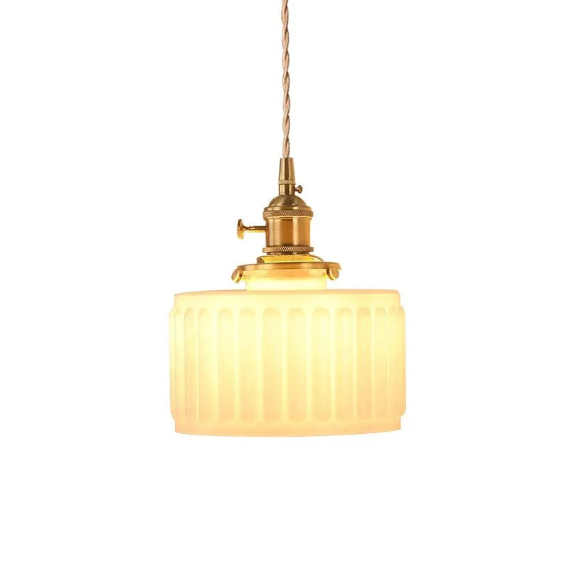 Minimalist Vintage Glass Drum Pendant with Striped Pattern Design