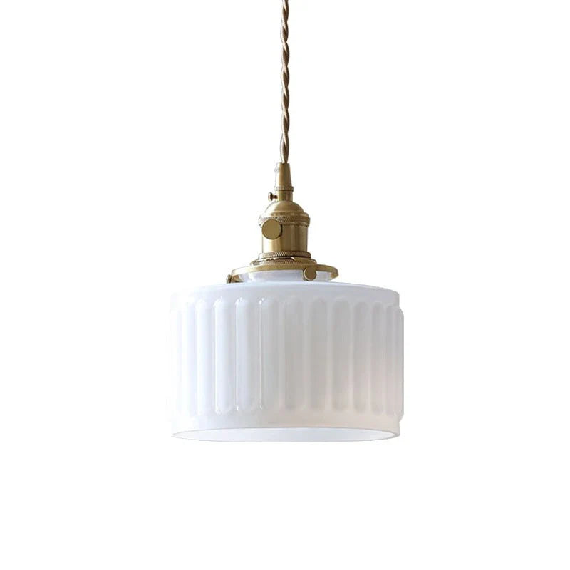 Minimalist Vintage Glass Drum Pendant with Striped Pattern Design