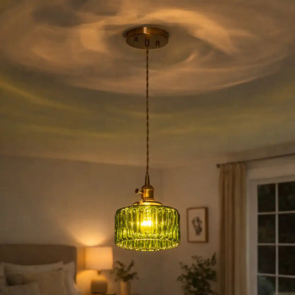 Minimalist Vintage Glass Drum Pendant with Striped Pattern Design