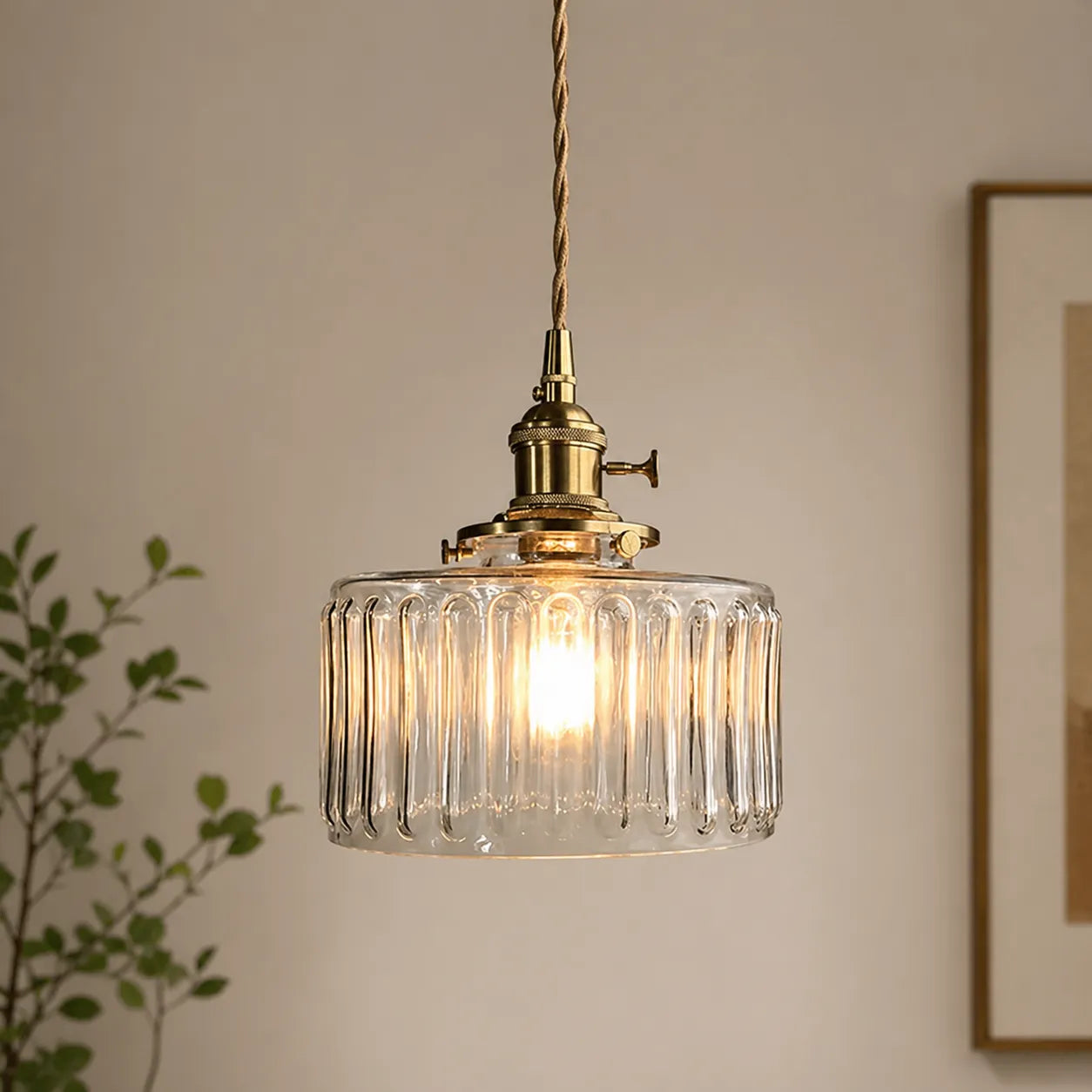 Minimalist Vintage Glass Drum Pendant with Striped Pattern Design