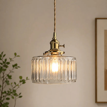 Minimalist Vintage Glass Drum Pendant with Striped Pattern Design