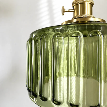 Minimalist Vintage Glass Drum Pendant with Striped Pattern Design