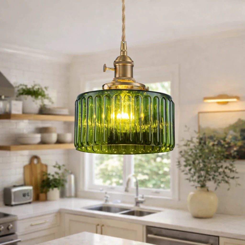 Minimalist Vintage Glass Drum Pendant with Striped Pattern Design