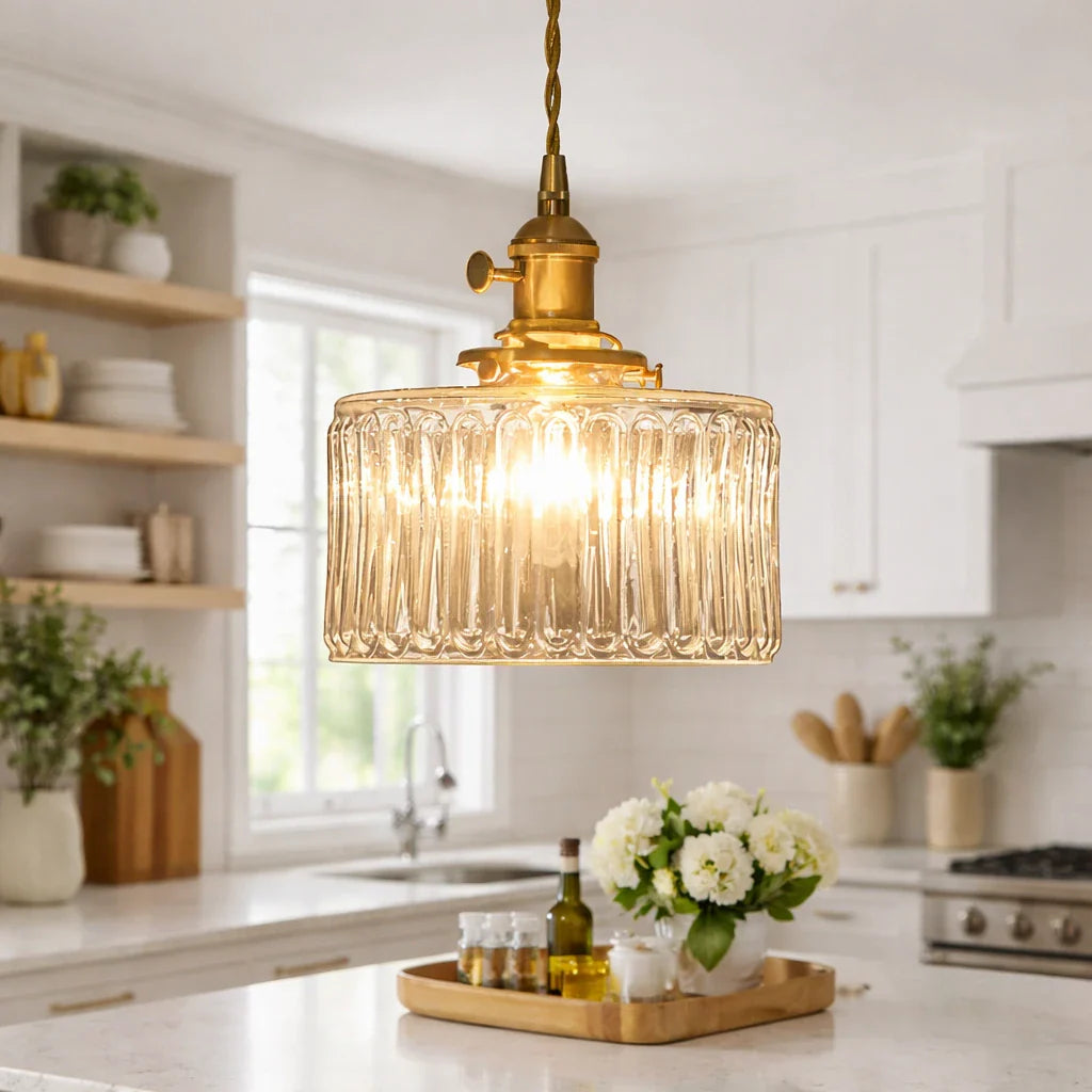 Minimalist Vintage Glass Drum Pendant with Striped Pattern Design