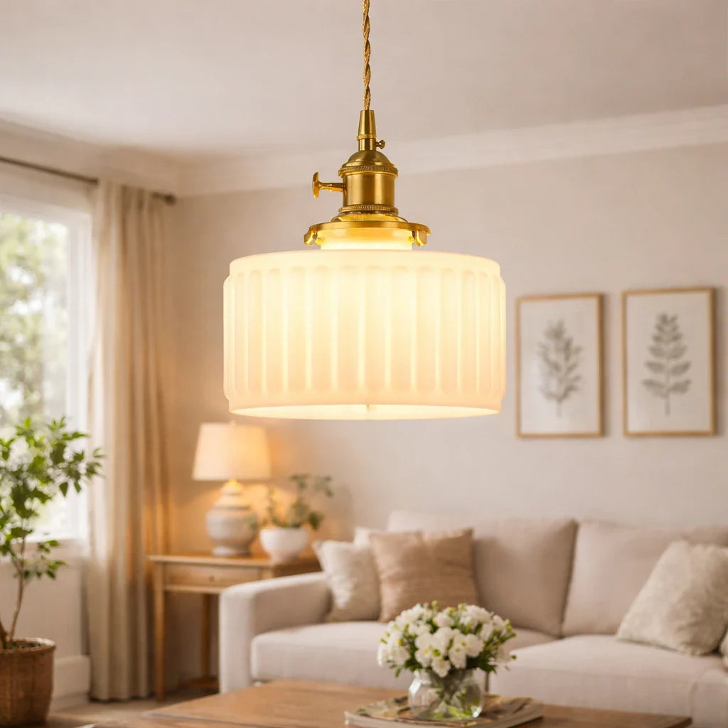 Minimalist Vintage Glass Drum Pendant with Striped Pattern Design