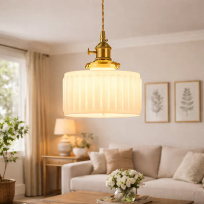 Minimalist Vintage Glass Drum Pendant with Striped Pattern Design