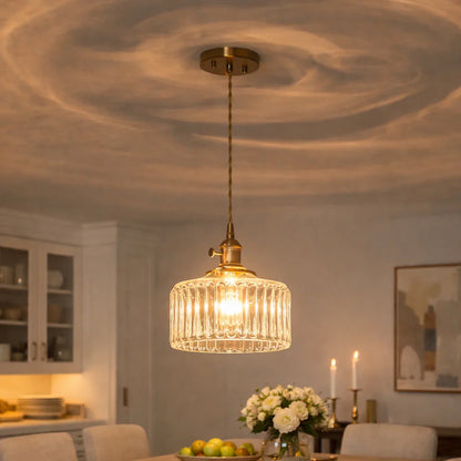 Minimalist Vintage Glass Drum Pendant with Striped Pattern Design