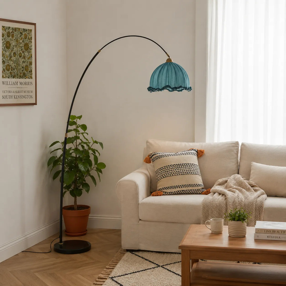 Avelria Modern Arc Fabric & Marble Floor Lamp