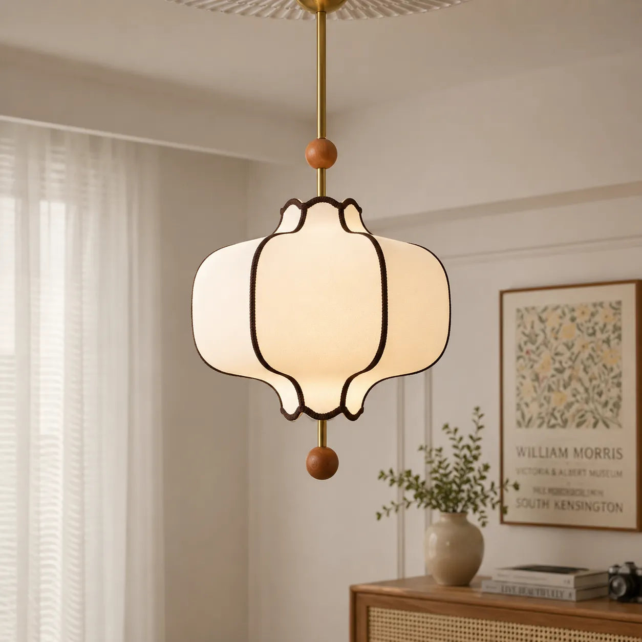 Modern Fabric Pendant Light with Walnut Accents