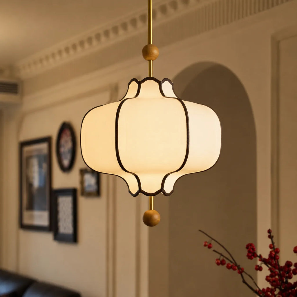 Avelvia Modern Scalloped Fabric & Walnut Pendant Light