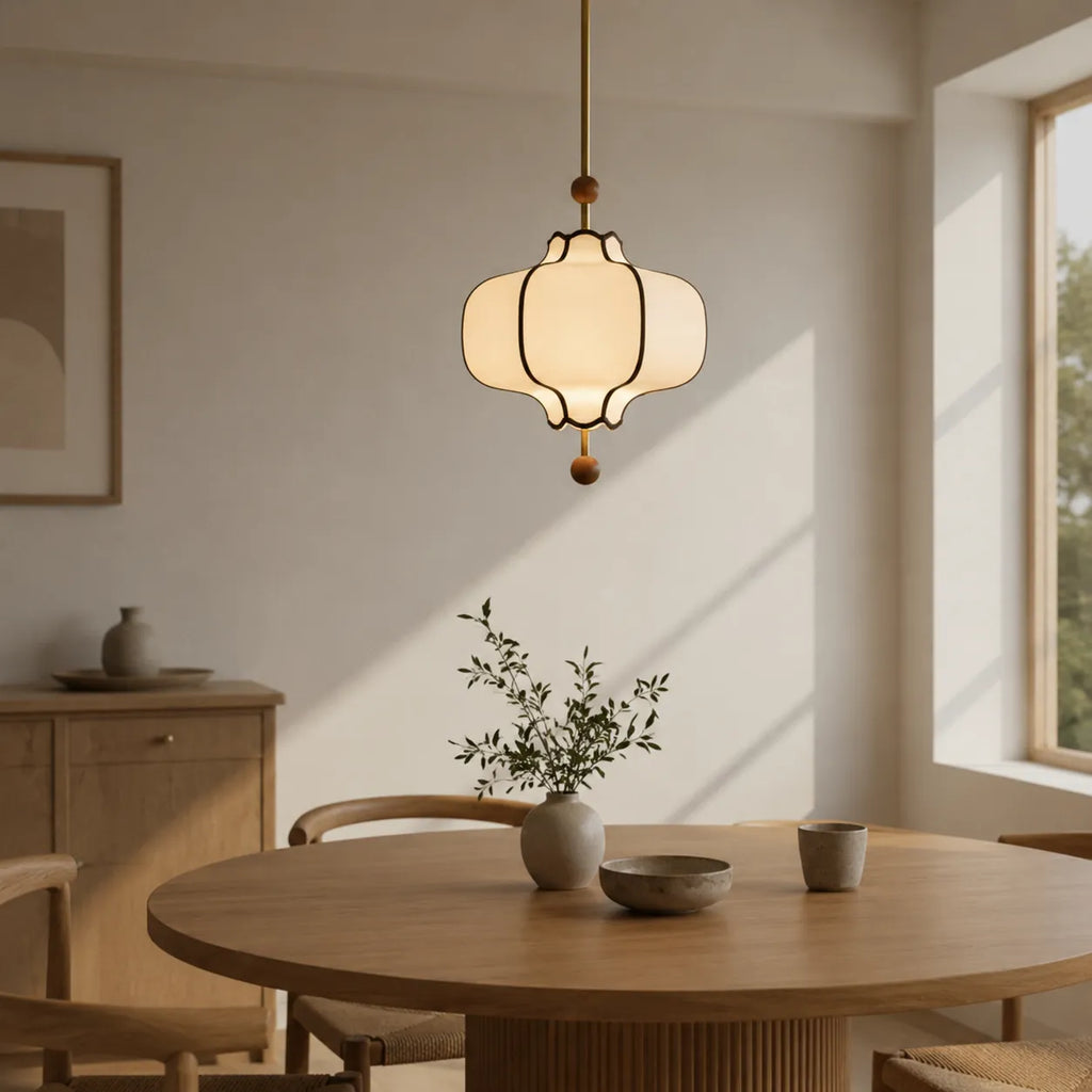 Avelvia Modern Scalloped Fabric & Walnut Pendant Light