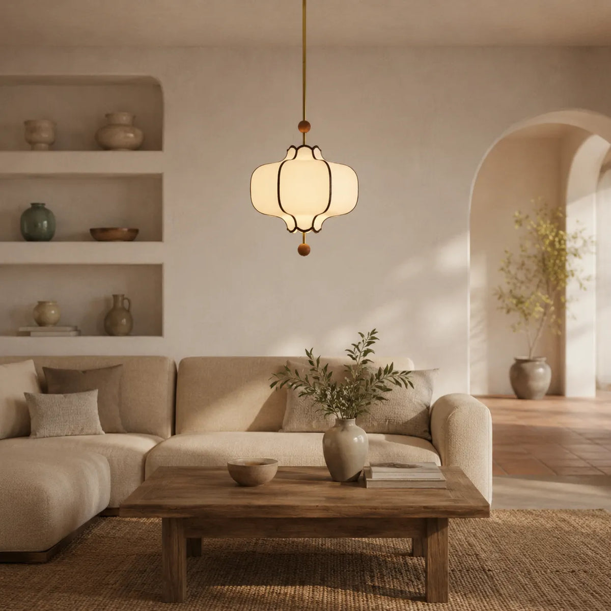 Avelvia Modern Scalloped Fabric & Walnut Pendant Light