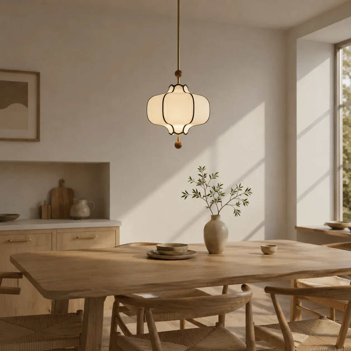 Avelvia Modern Scalloped Fabric & Walnut Pendant Light