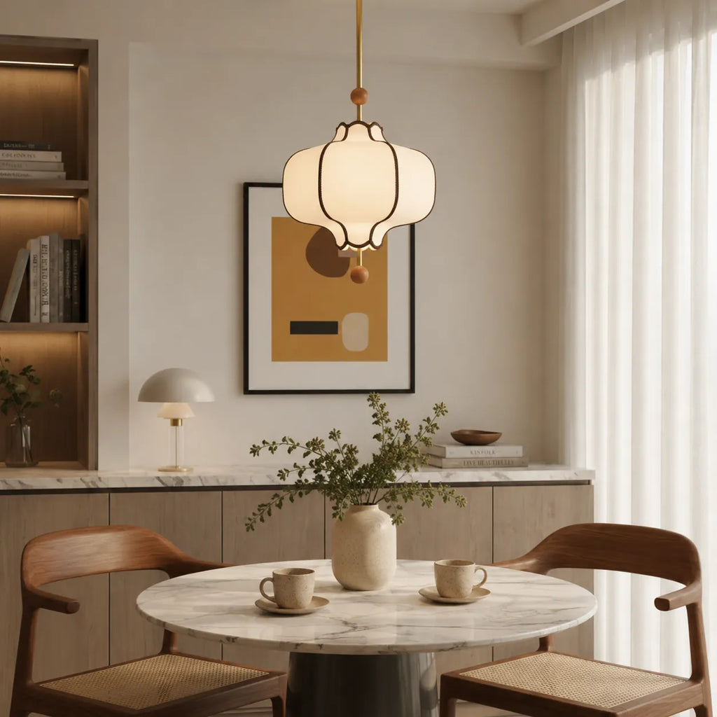 Avelvia Modern Scalloped Fabric & Walnut Pendant Light