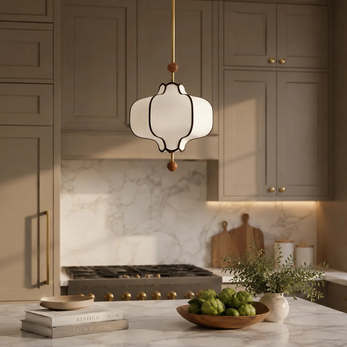 Avelvia Modern Scalloped Fabric & Walnut Pendant Light