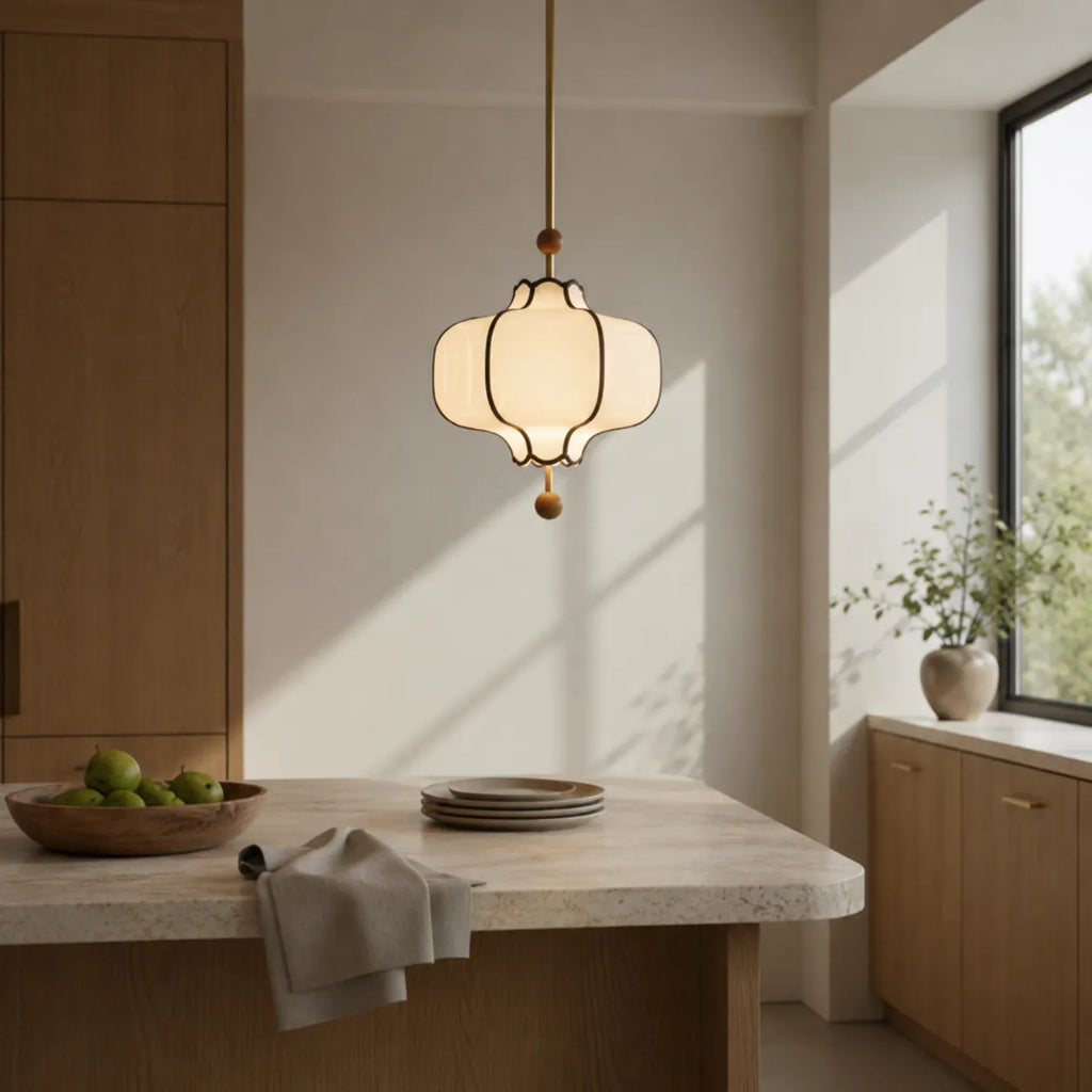 Avelvia Modern Scalloped Fabric & Walnut Pendant Light