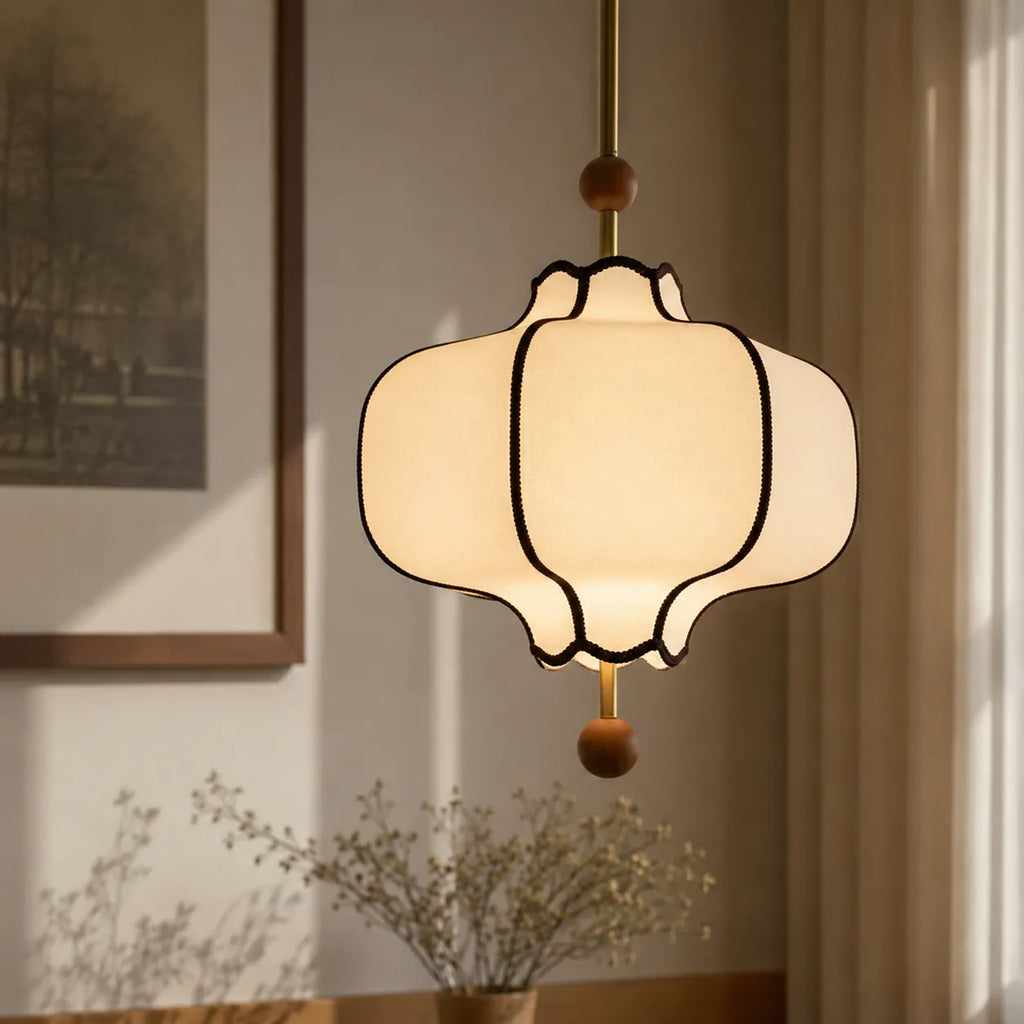 Avelvia Modern Scalloped Fabric & Walnut Pendant Light