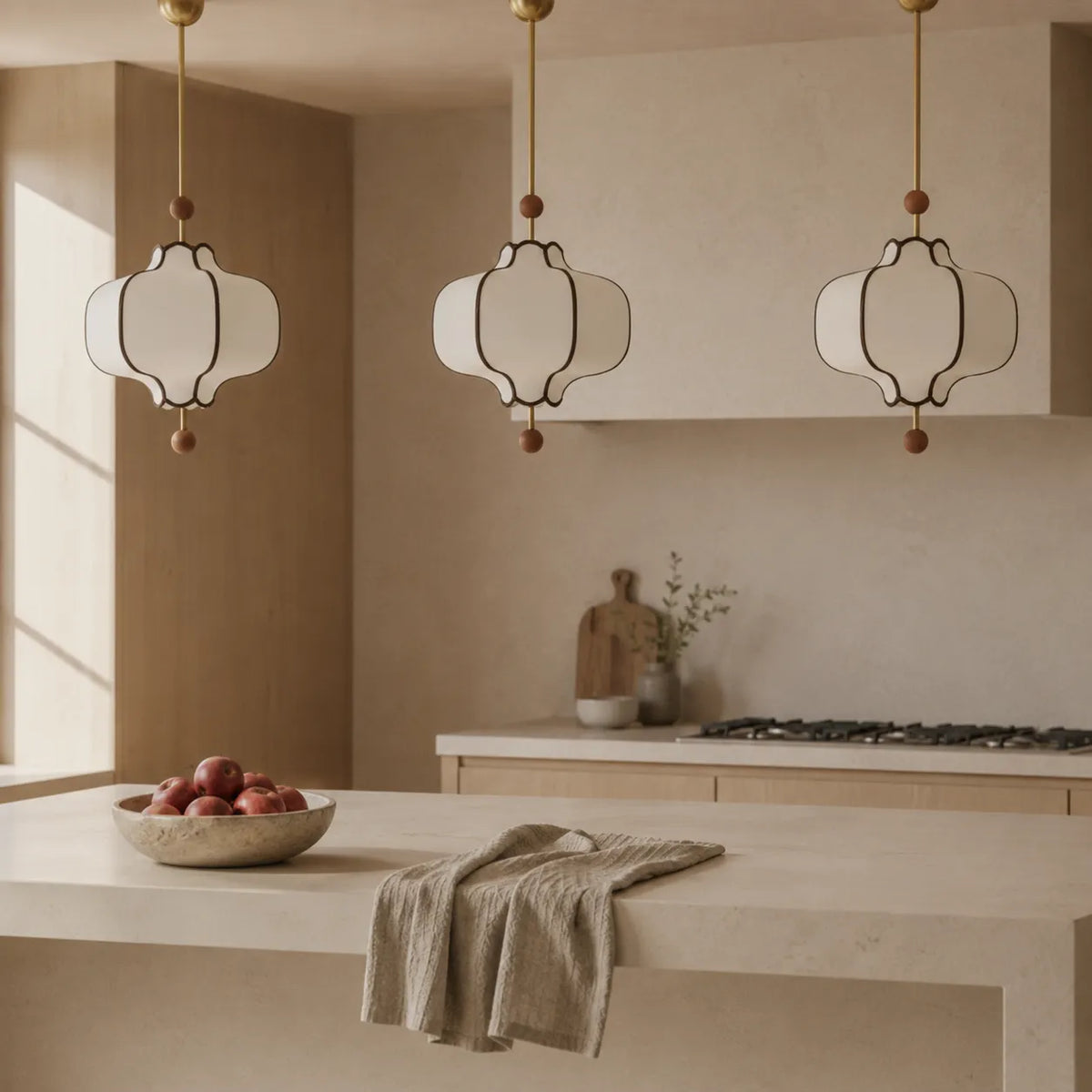 Avelvia Modern Scalloped Fabric & Walnut Pendant Light