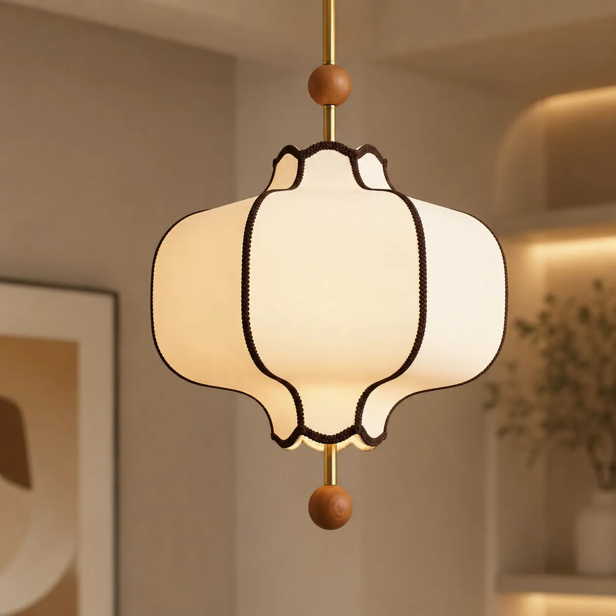 Avelvia Modern Scalloped Fabric & Walnut Pendant Light