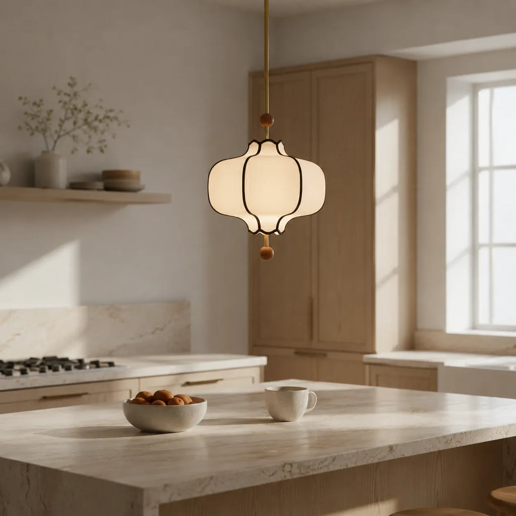 Avelvia Modern Scalloped Fabric & Walnut Pendant Light