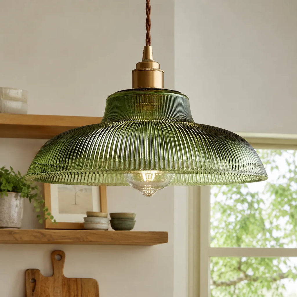 Zev Farmhouse Ribbed Glass Dome Pendant Light