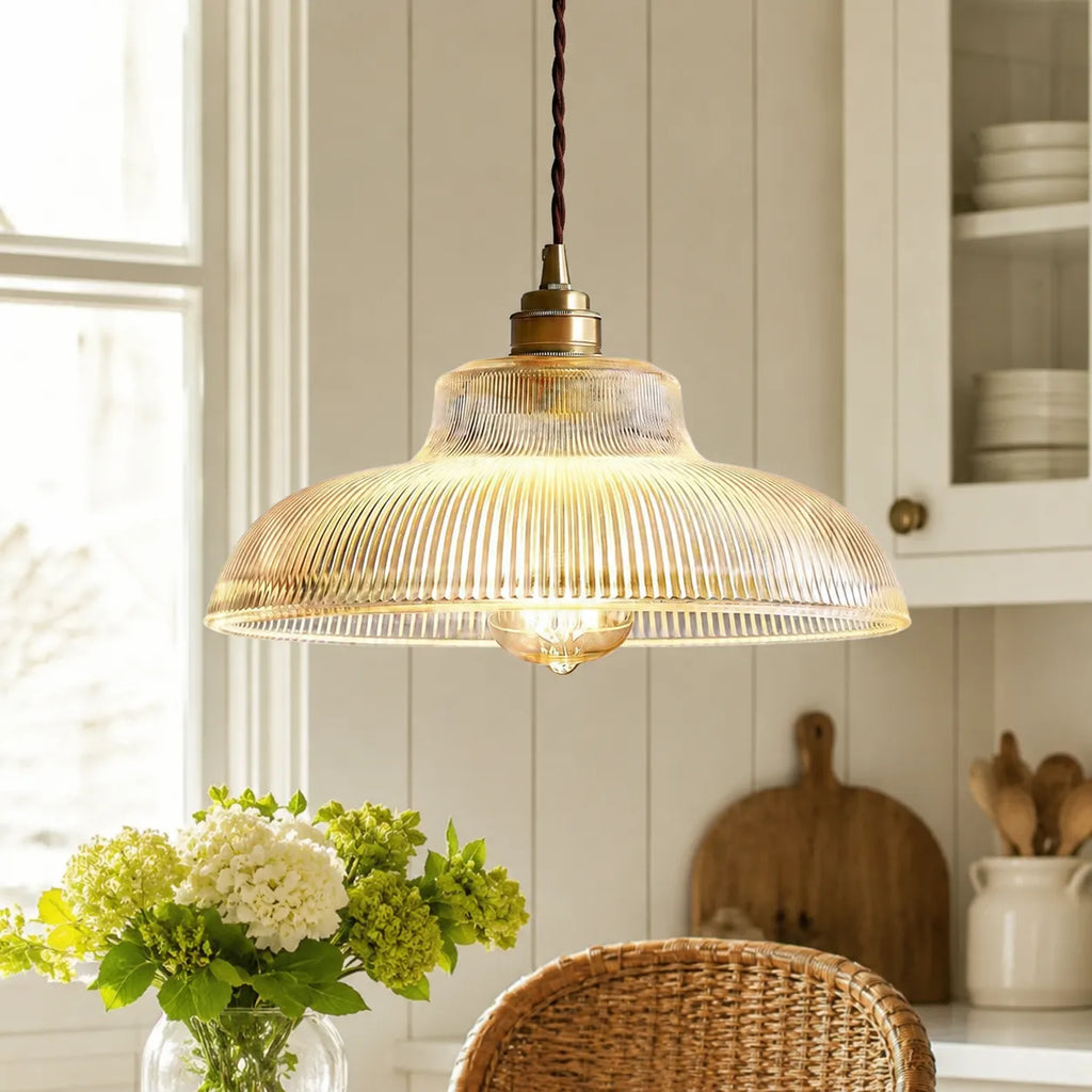 Zev Farmhouse Ribbed Glass Dome Pendant Light