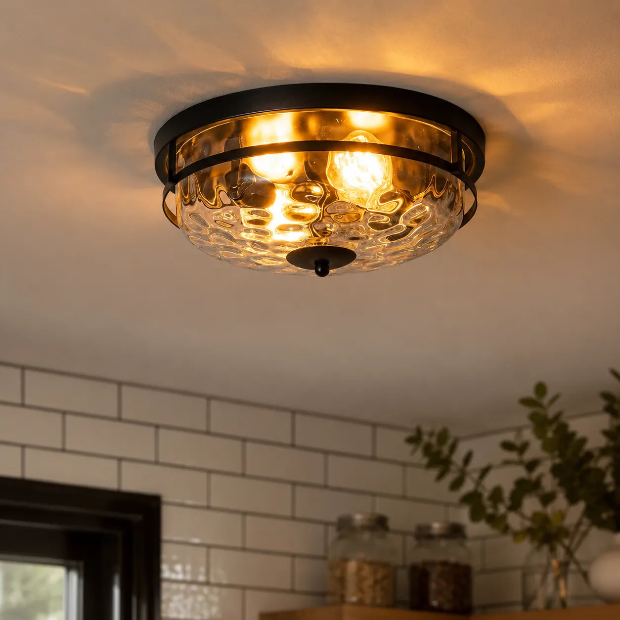 Modern Farmhouse Hammered Glass Flush Mount Ceiling Light