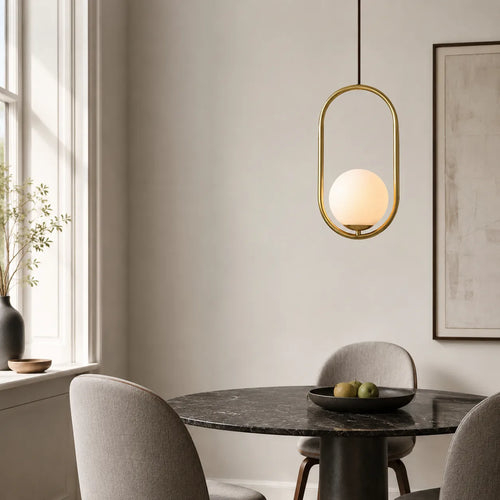 Modern Globe Pendant Light with Sculptural Oval Frame