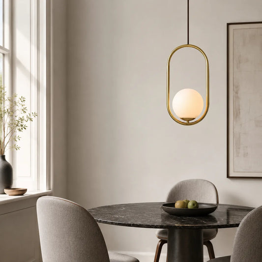 Modern Globe Pendant Light with Sculptural Oval Frame