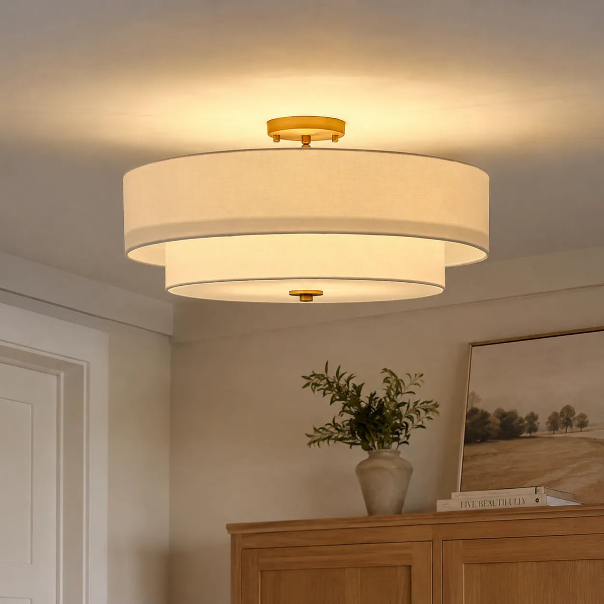 Omero Modern Tiered Linen Semi-Flush Ceiling Light