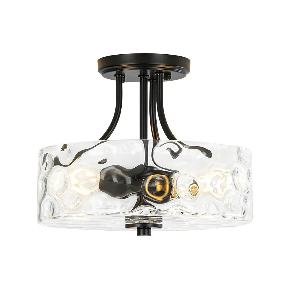 Modern Hammered Glass Drum 2-Light Semi Flush Ceiling Light