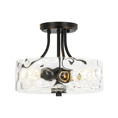 Modern Hammered Glass Drum 2-Light Semi Flush Ceiling Light