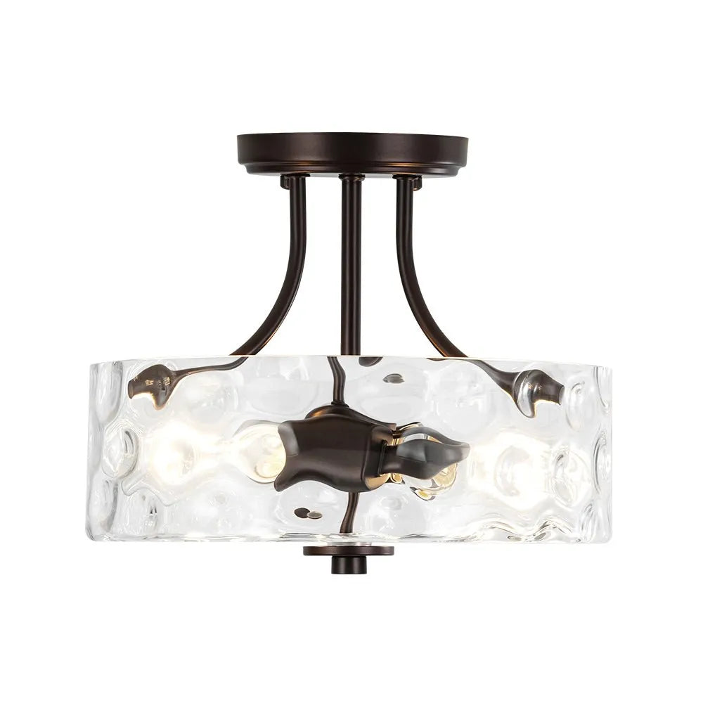 Modern Hammered Glass Drum 2-Light Semi Flush Ceiling Light