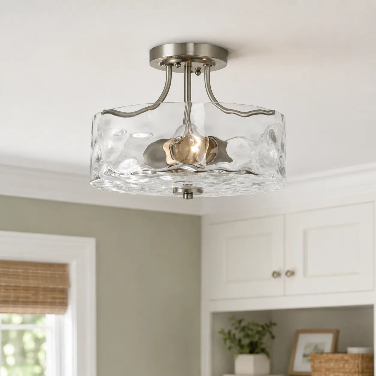 Modern Hammered Glass Drum 2-Light Semi Flush Ceiling Light
