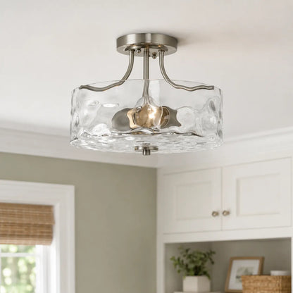 Modern Hammered Glass Drum 2-Light Semi Flush Ceiling Light