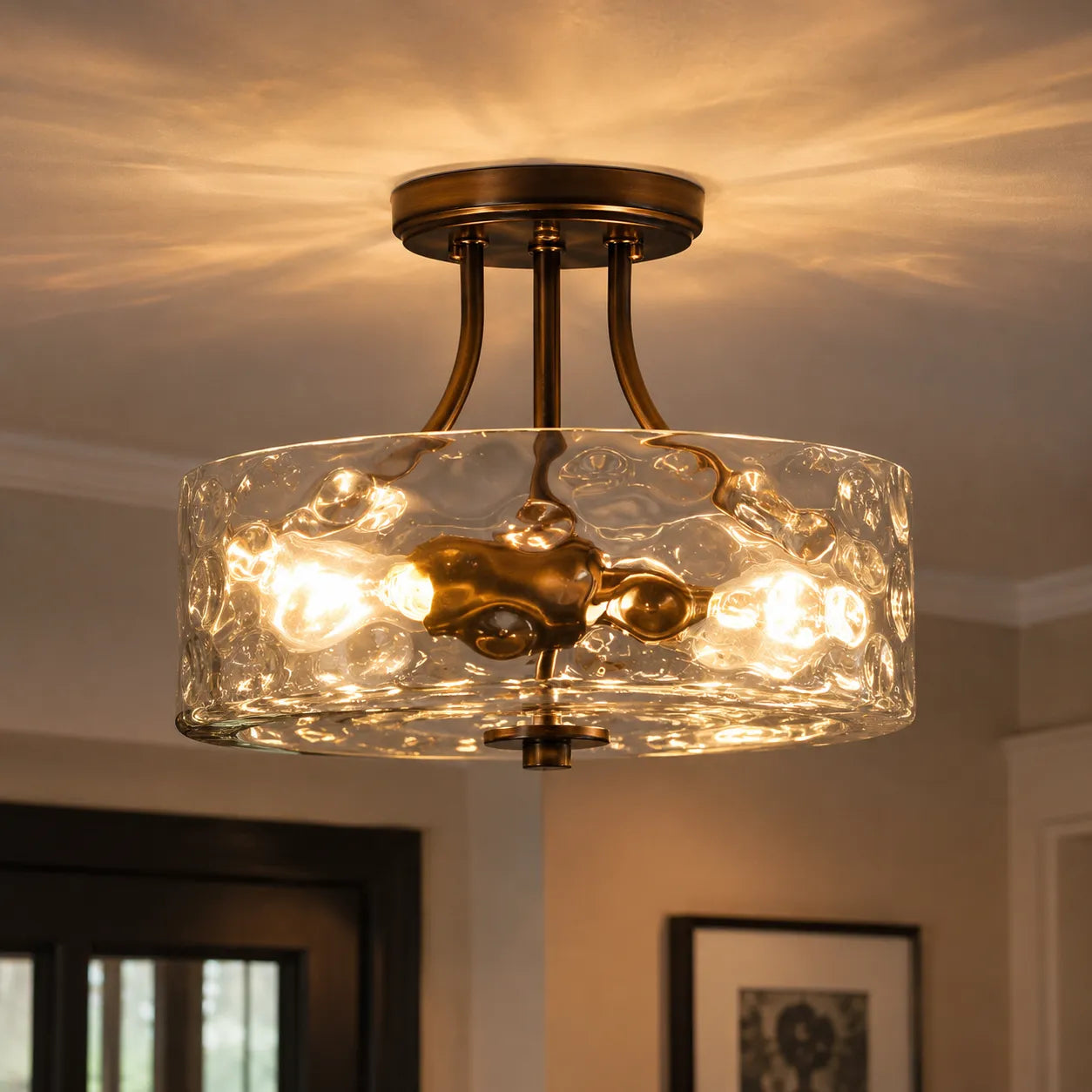 Modern Hammered Glass Drum 2-Light Semi Flush Ceiling Light