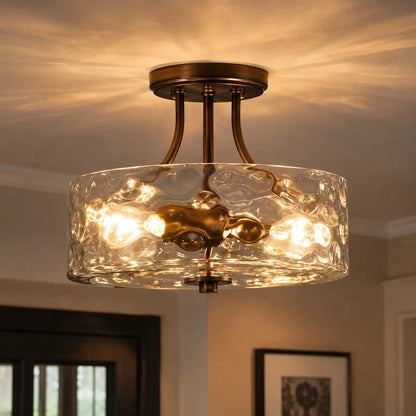Modern Hammered Glass Drum 2-Light Semi Flush Ceiling Light