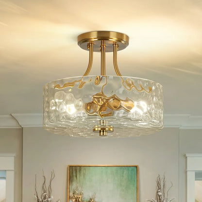 Modern Hammered Glass Drum 2-Light Semi Flush Ceiling Light
