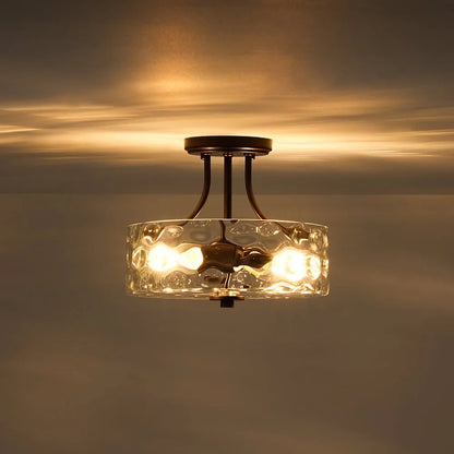 Modern Hammered Glass Drum 2-Light Semi Flush Ceiling Light