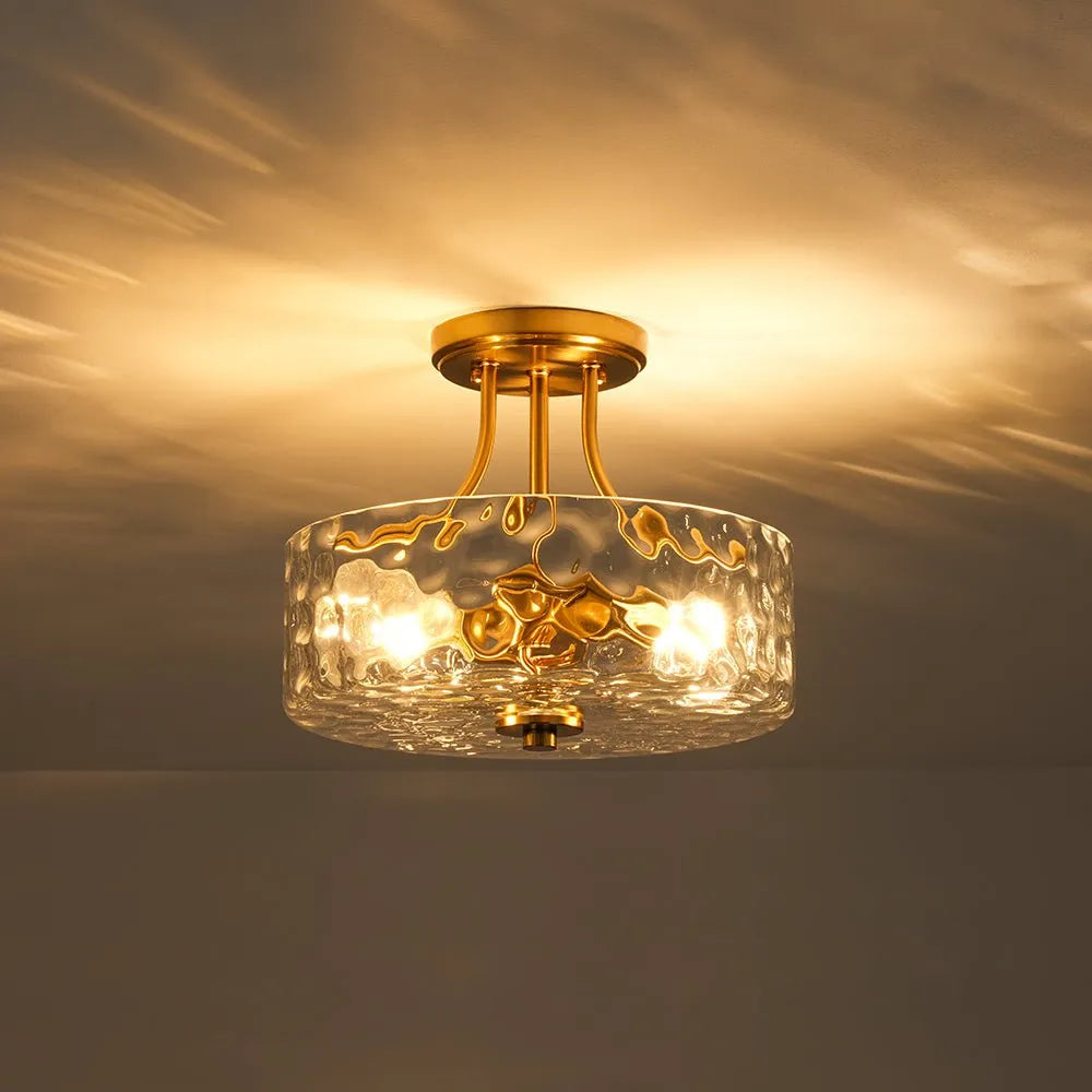 Modern Hammered Glass Drum 2-Light Semi Flush Ceiling Light