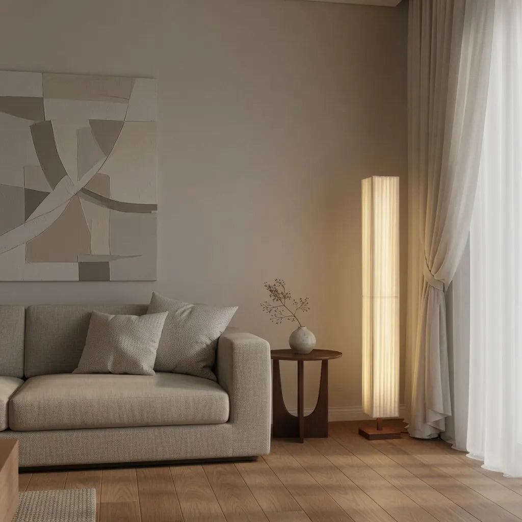 Tullia Japanese Walnut Wood & Fabric Floor Lamp