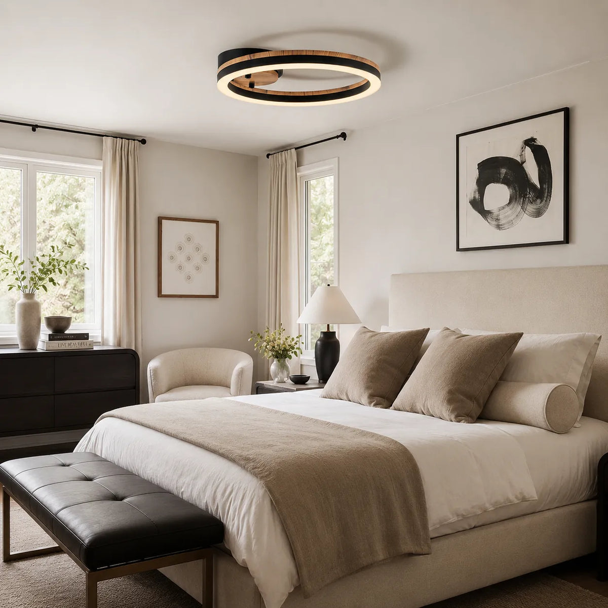 Winter Modern Wood Accent LED Ring Semi-Flush Ceiling Light